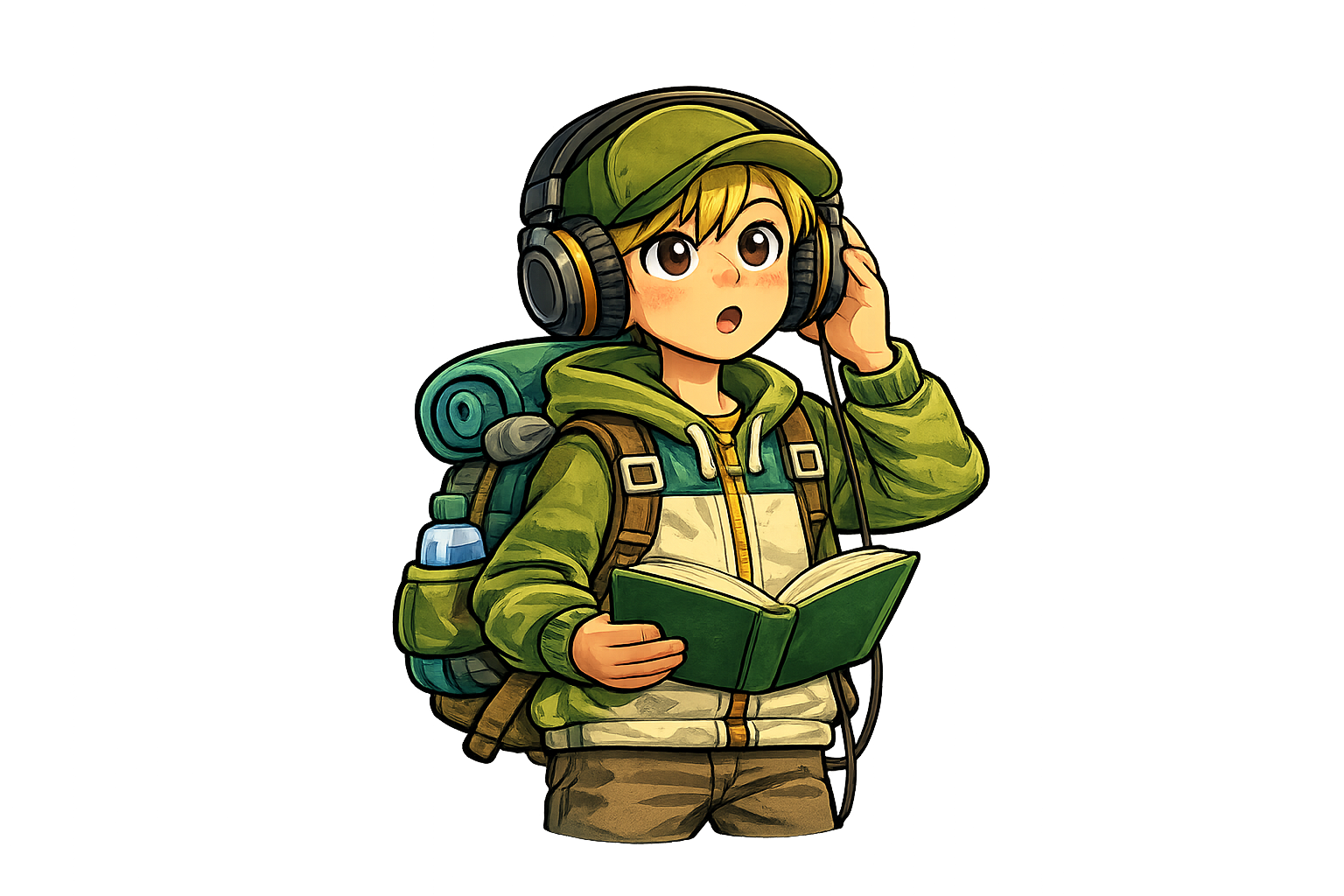 Jackson with headphones and book